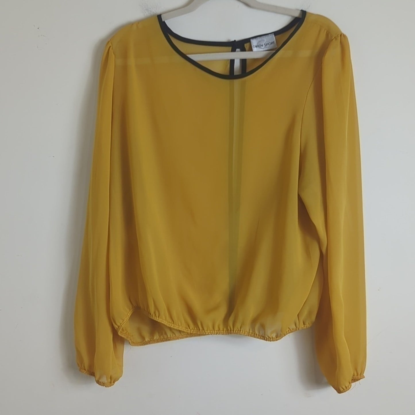 Mustard Yellow Pop-Over Sheer Blouse Peekaboo Back Mustard Yellow