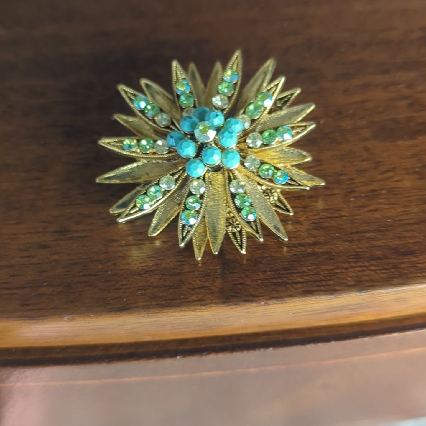 Vintage Starburst Brooch Gold Tone Turquoise & Green Rhinestone Costume Jewelry
