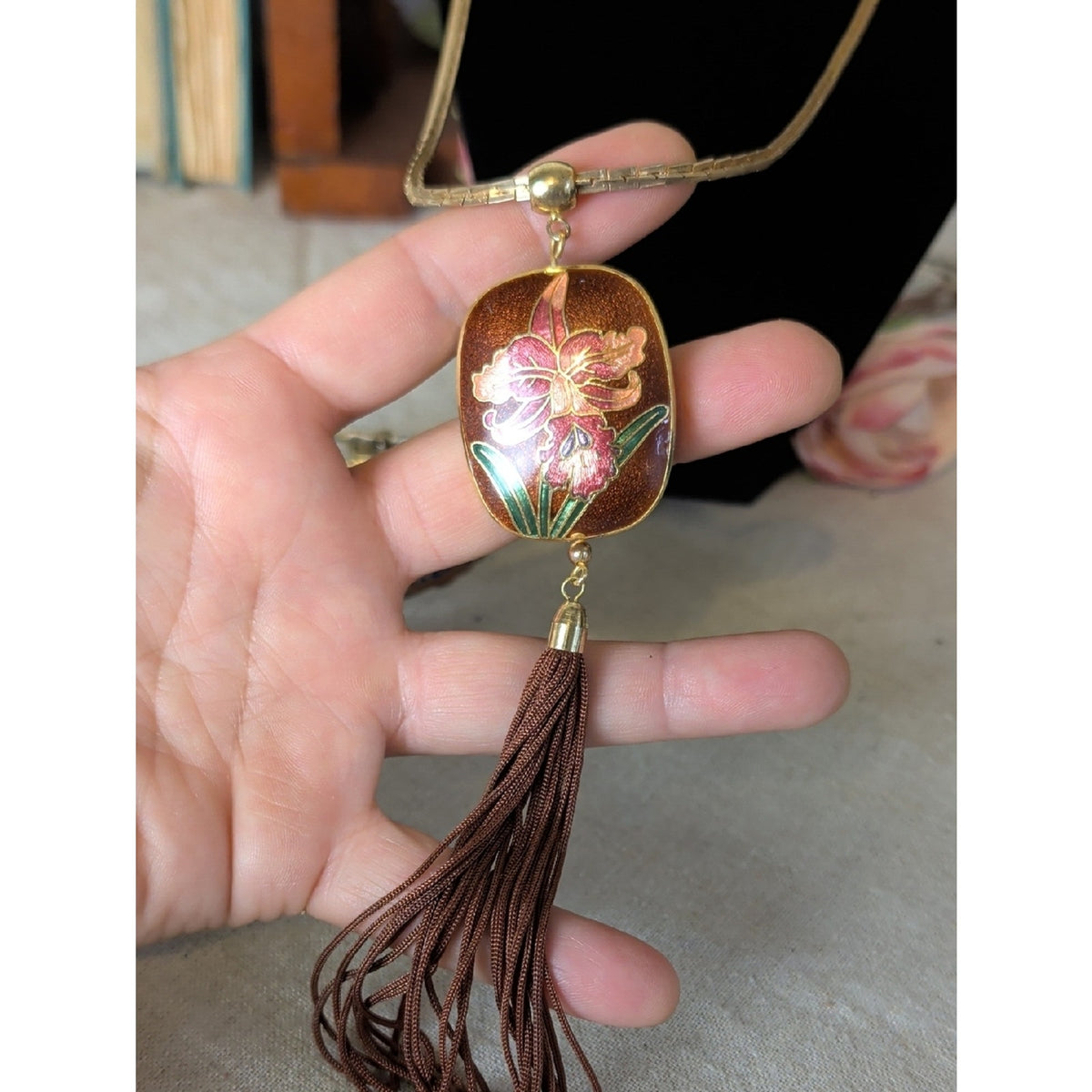 Vintage Cloisonné Style Orchid Tassel Necklace With Hinge Cuff Bracelet