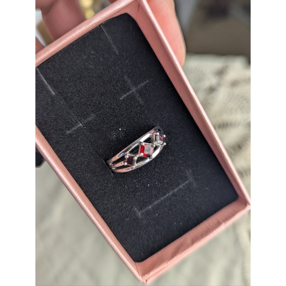 Sterling Silver 925 Red Stone Lattice Band Ring | Geometric Openwork Garnet Tone