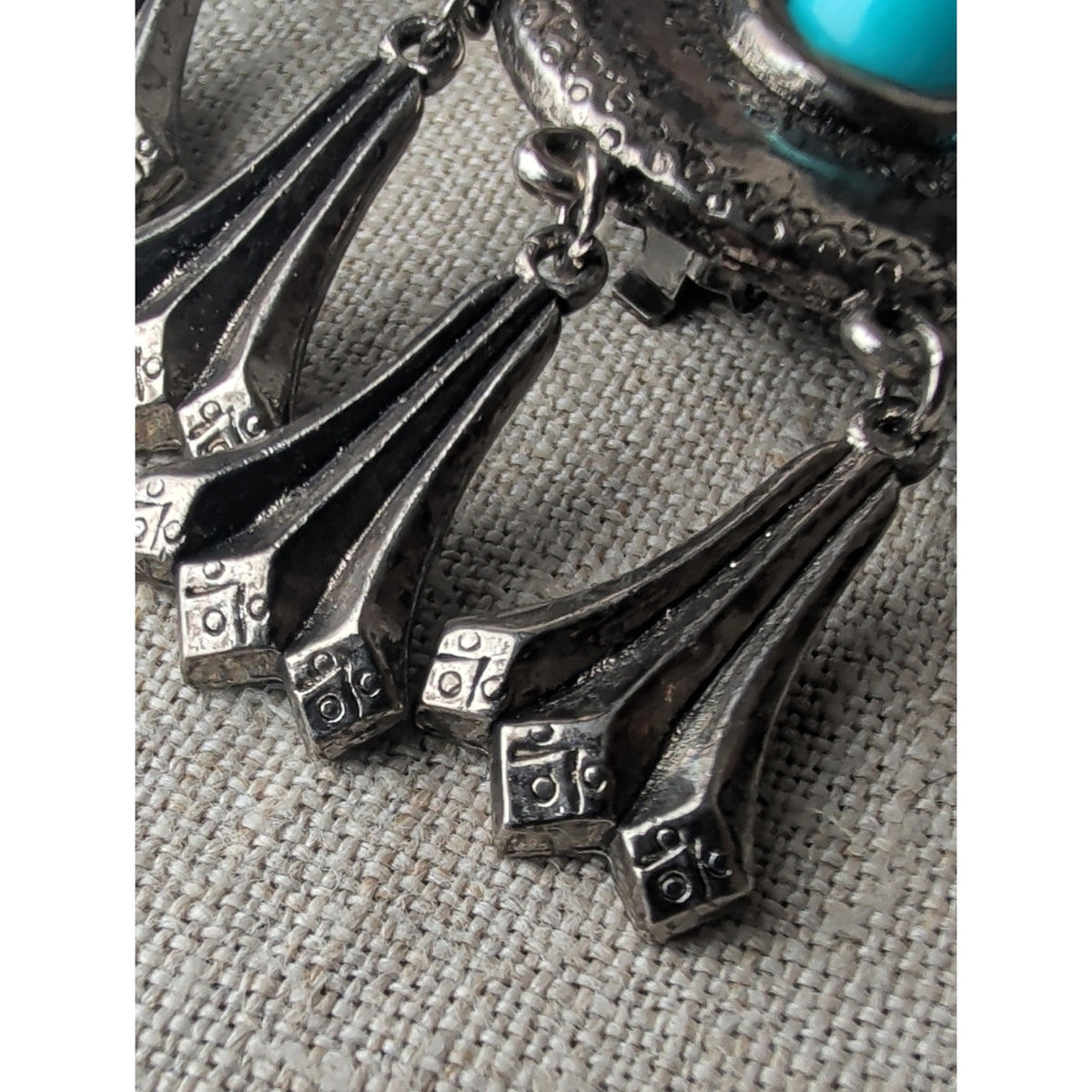Vintage 90s Southwestern Turquoise Statement Clip On Earrings Silver Tone Dangle