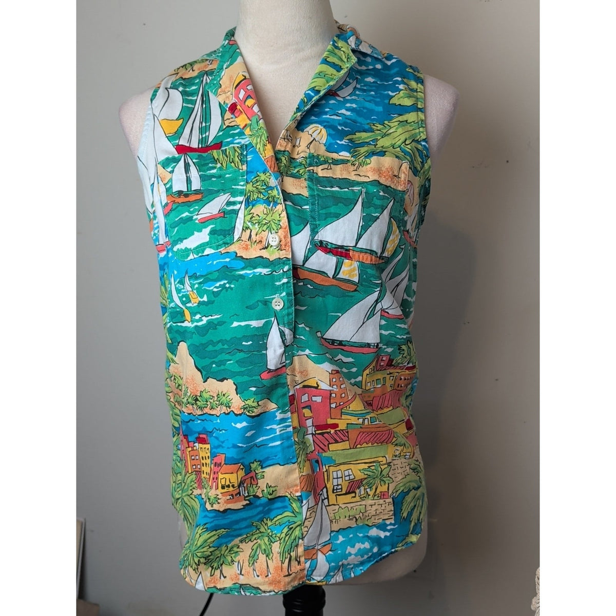 Vintage Bushwacker Sailboat Island Print Sleeveless Popover Top 90s Coastal
