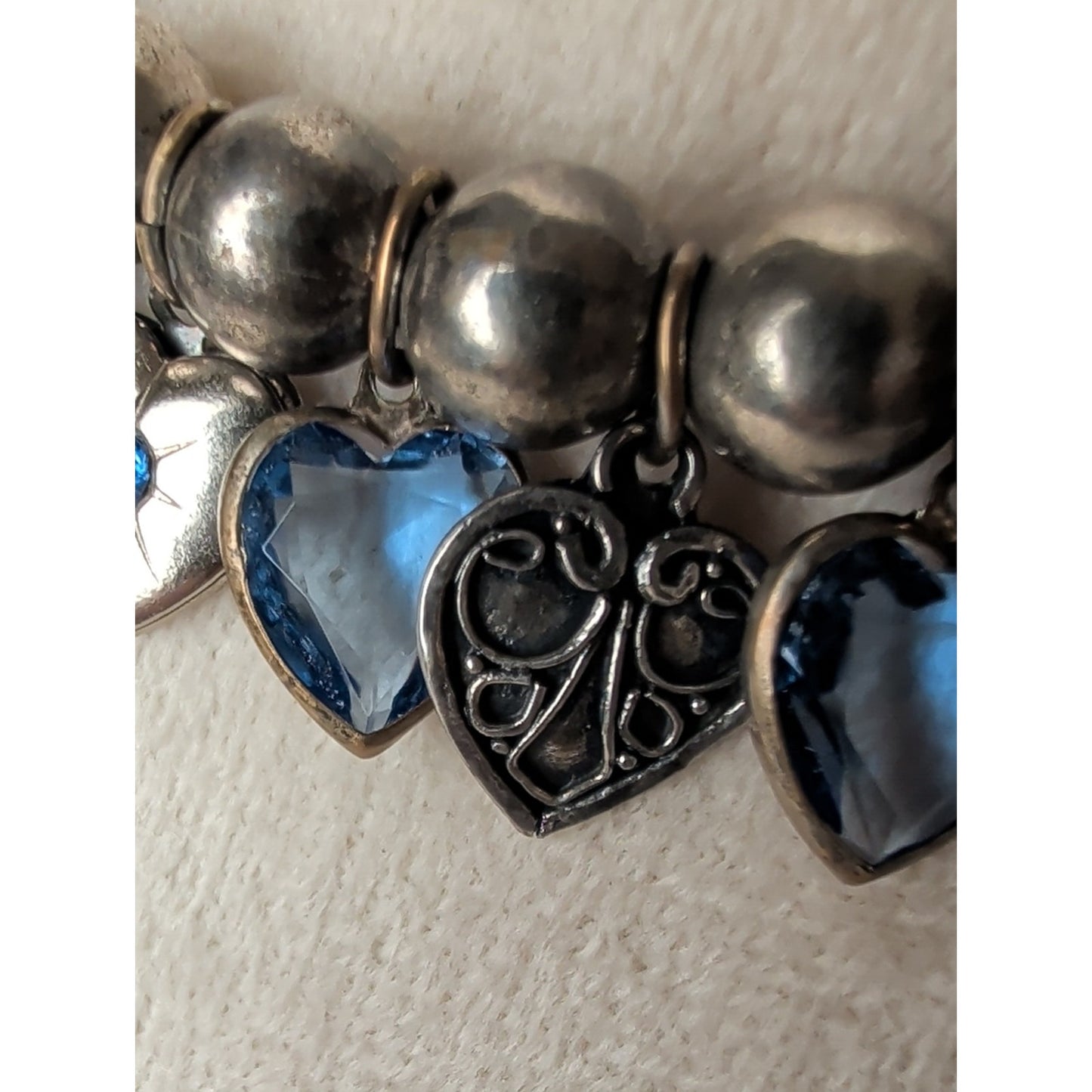 Vintage Artisan Heart Charm Necklace Sterling Accent Blue Faceted Glass