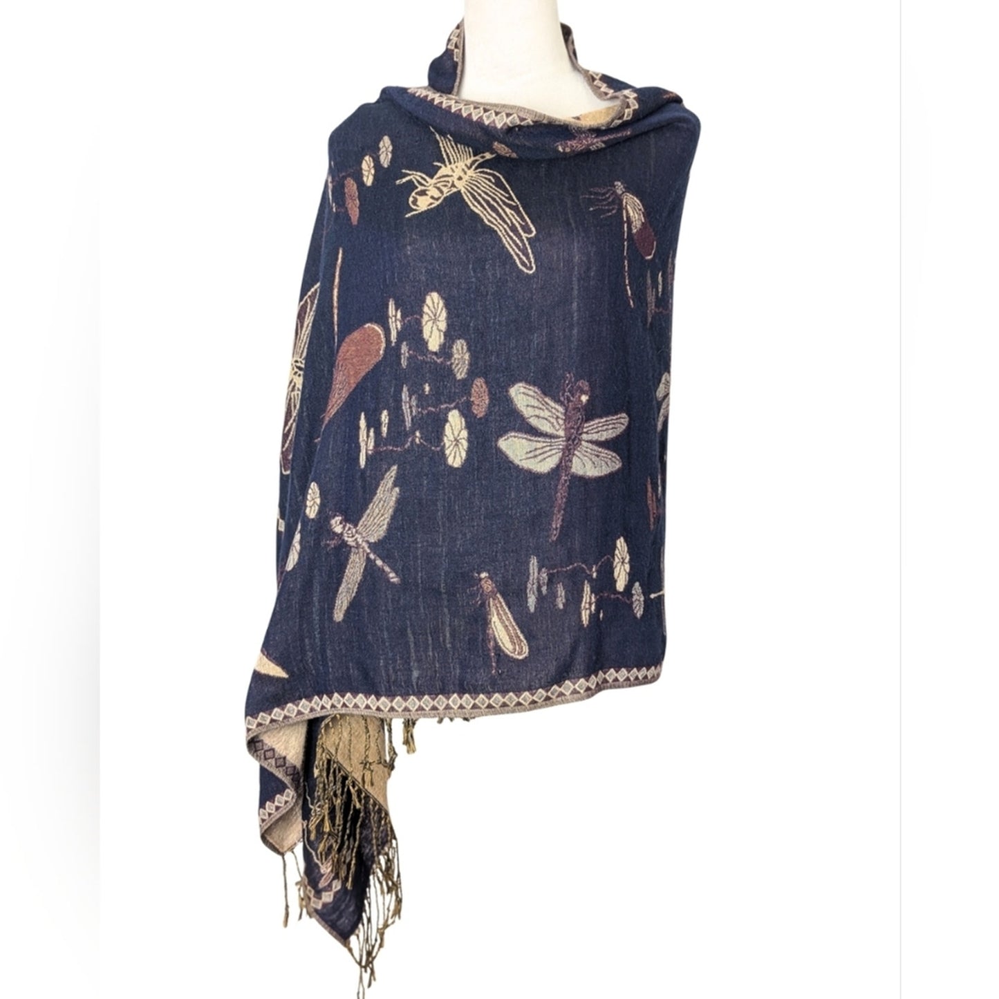 Vintage Dragonfly Water Lily Jacquard Tapestry Shawl Fringe Blanket Scarf Woodland Whimsical