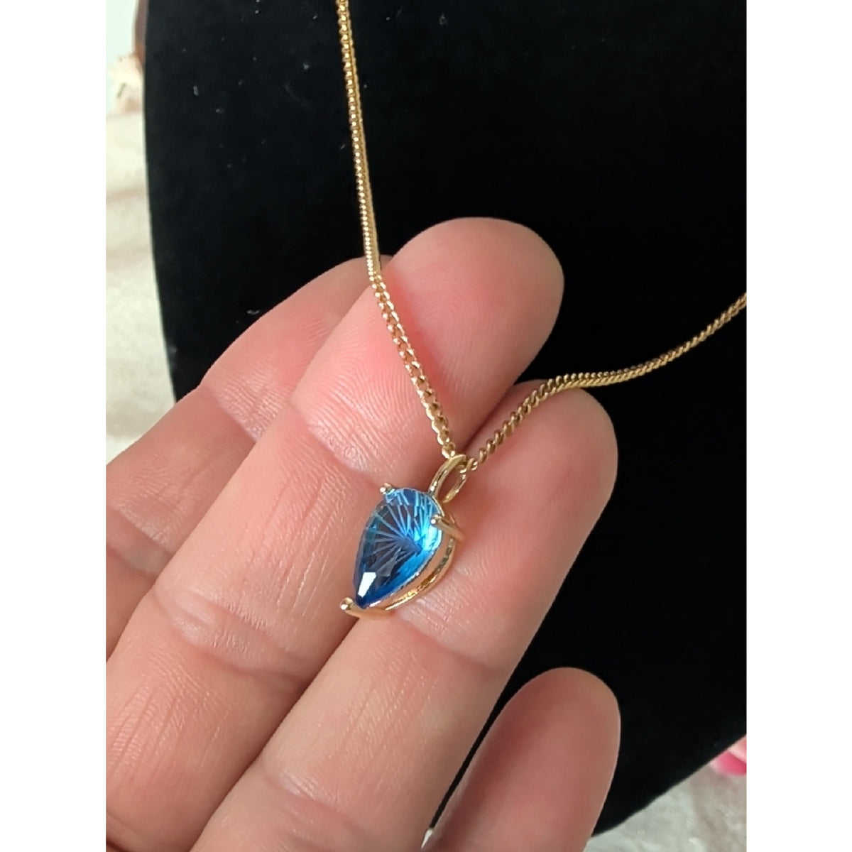 Blue Crystal Teardrop Pendant Necklace  Gold Tone Celestial Glam Statement