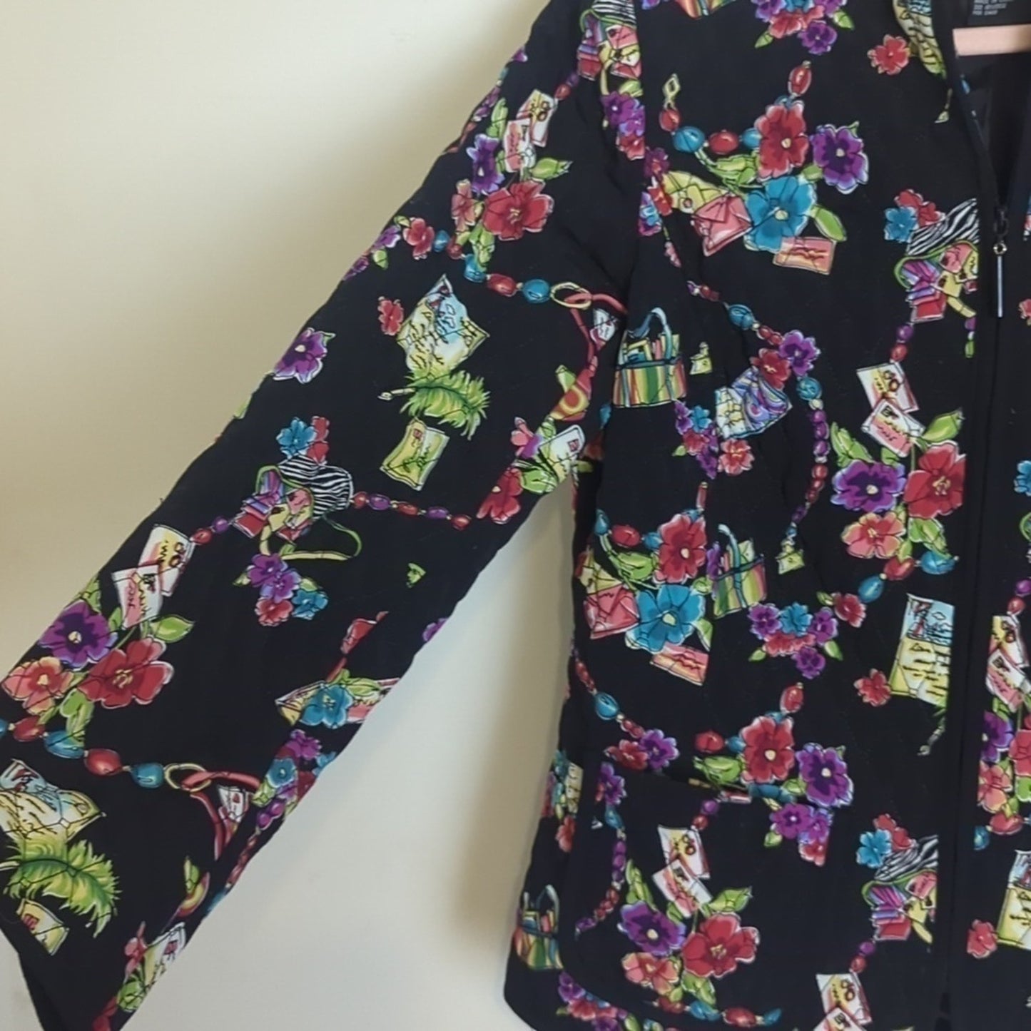 Vintage Quilted Stitched Art to Wear Zip-up Jacket Floral Stationary  Women's Sma…