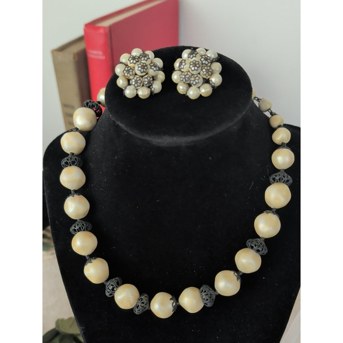 Signed Laguna Faux Pearl Necklace & Clip Earring Set Vintage 1950s Mid-Century