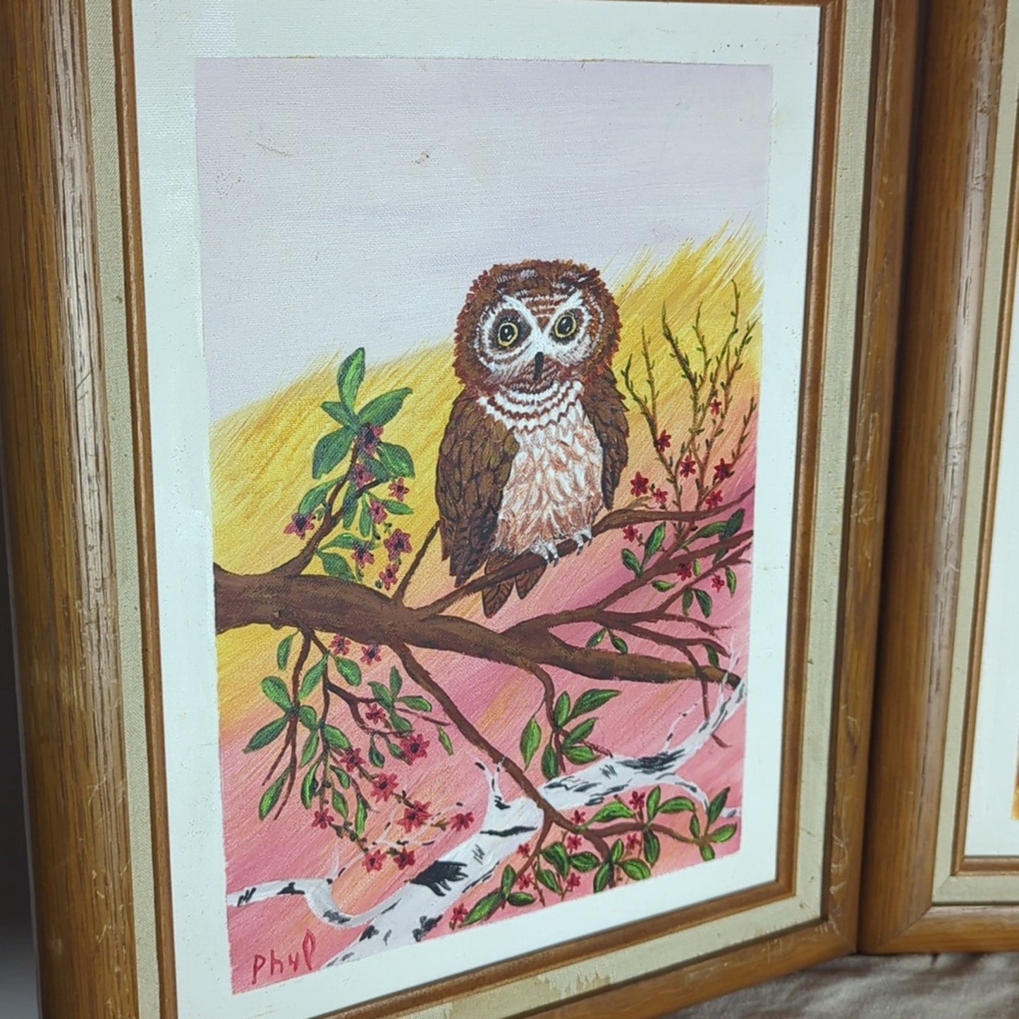 Vintage 1992 Owl Painting Set Papa & Mama Owl Acrylic Art Folk Woodland Cottage