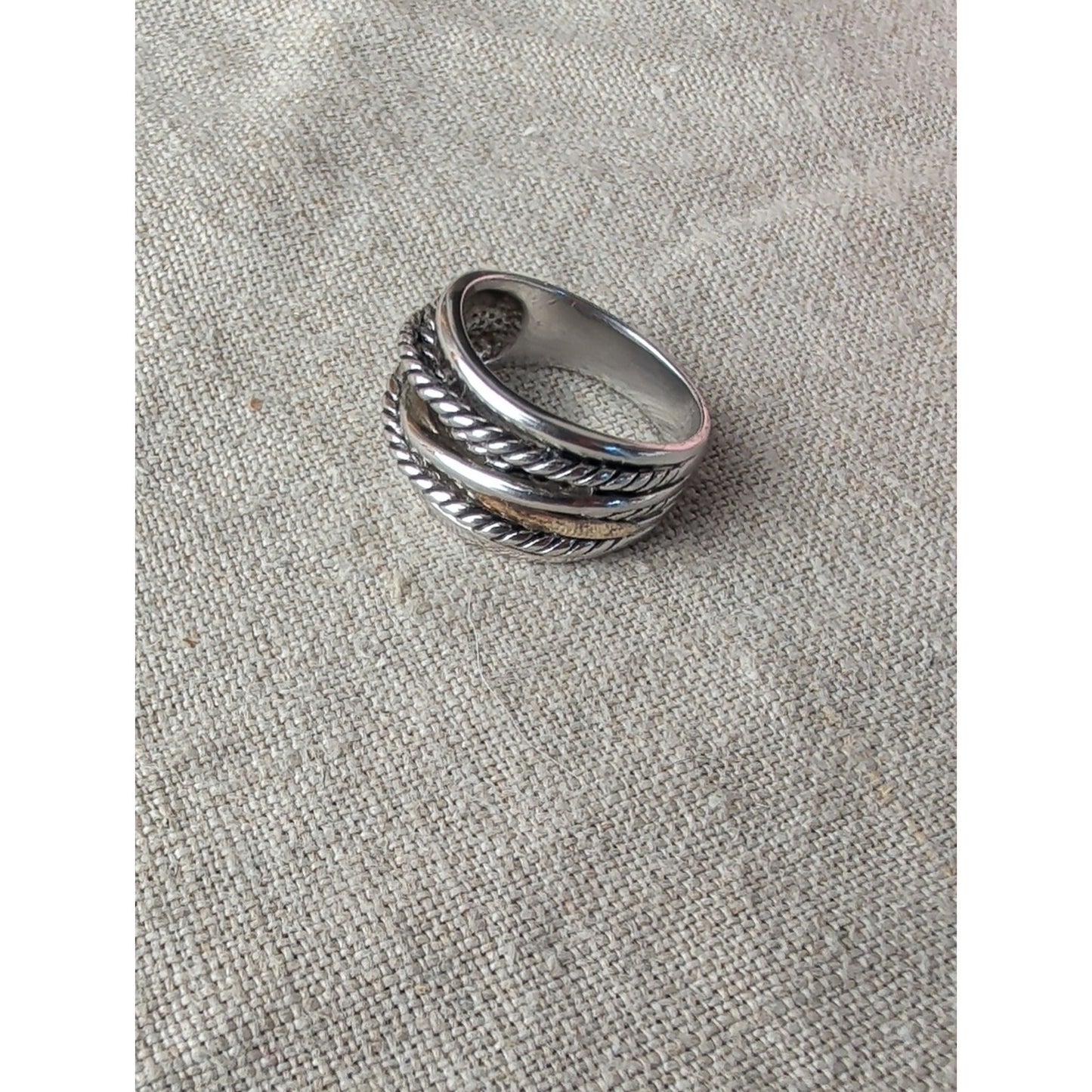 925 Sterling Silver 14K Gold Accent Ring Two Tone Wide Statement Band