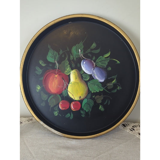 Vintage Handpainted Tole Style   Black Lacquer Metal Serving Tray Wall Decor