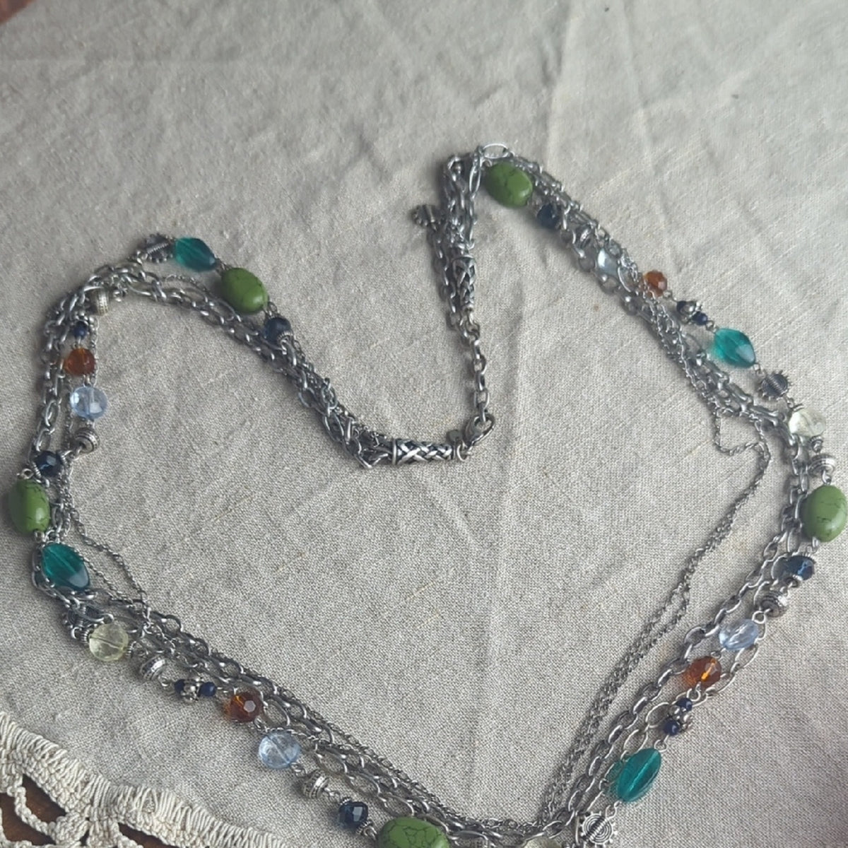 Boho Multi Strand Necklace Green Stone Bead Layered Artisan Style Earth Tone