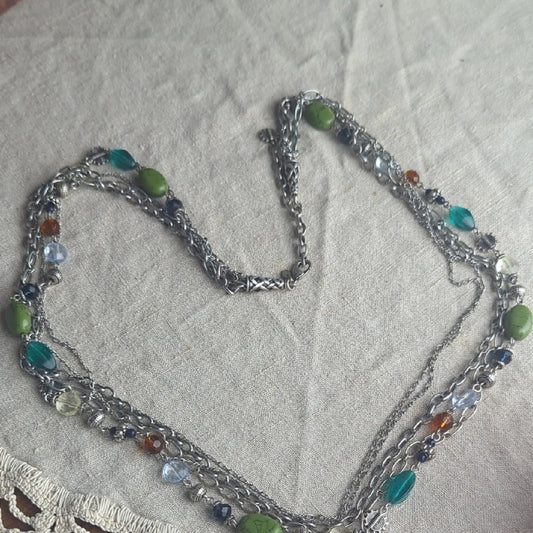 Boho Multi Strand Necklace Green Stone Bead Layered Artisan Style Earth Tone