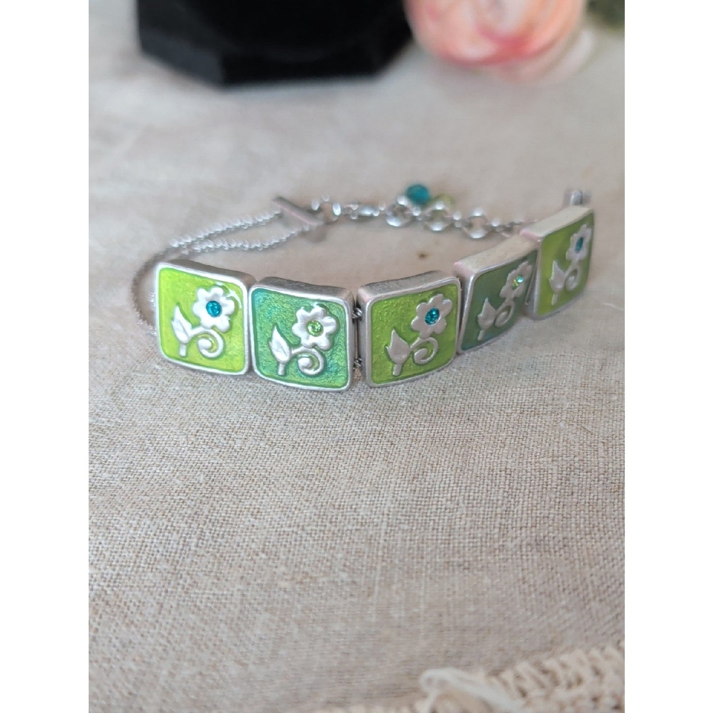 Vintage Bob Mackie Enamel Flower Bracelet Green Silver Tone
