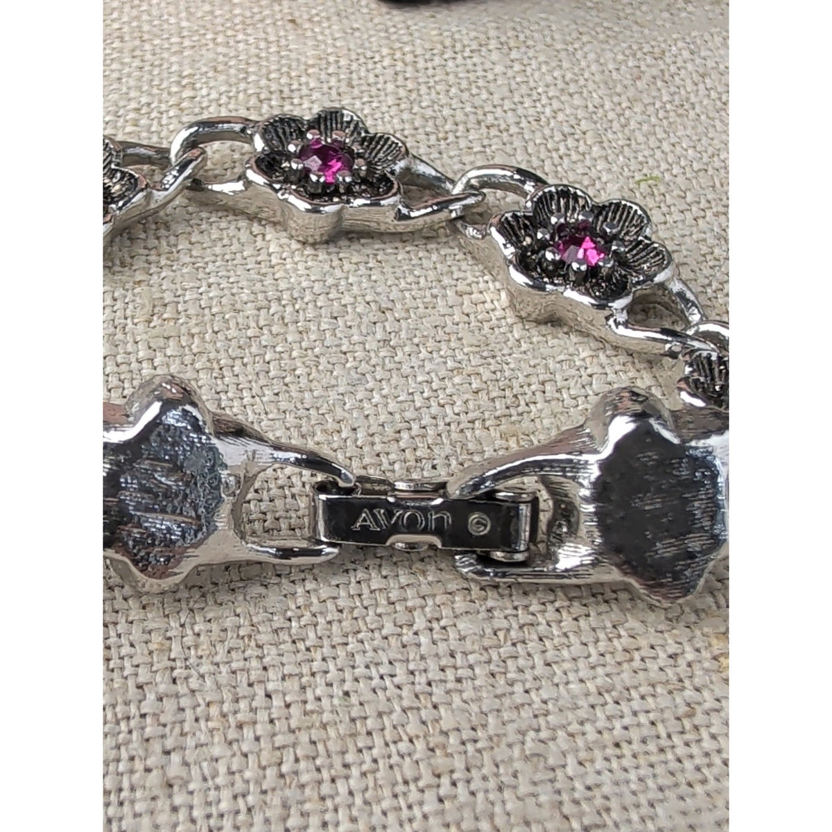 Avon Ornate Silver Tone Floral Bracelet Purple Glass Rhinestones