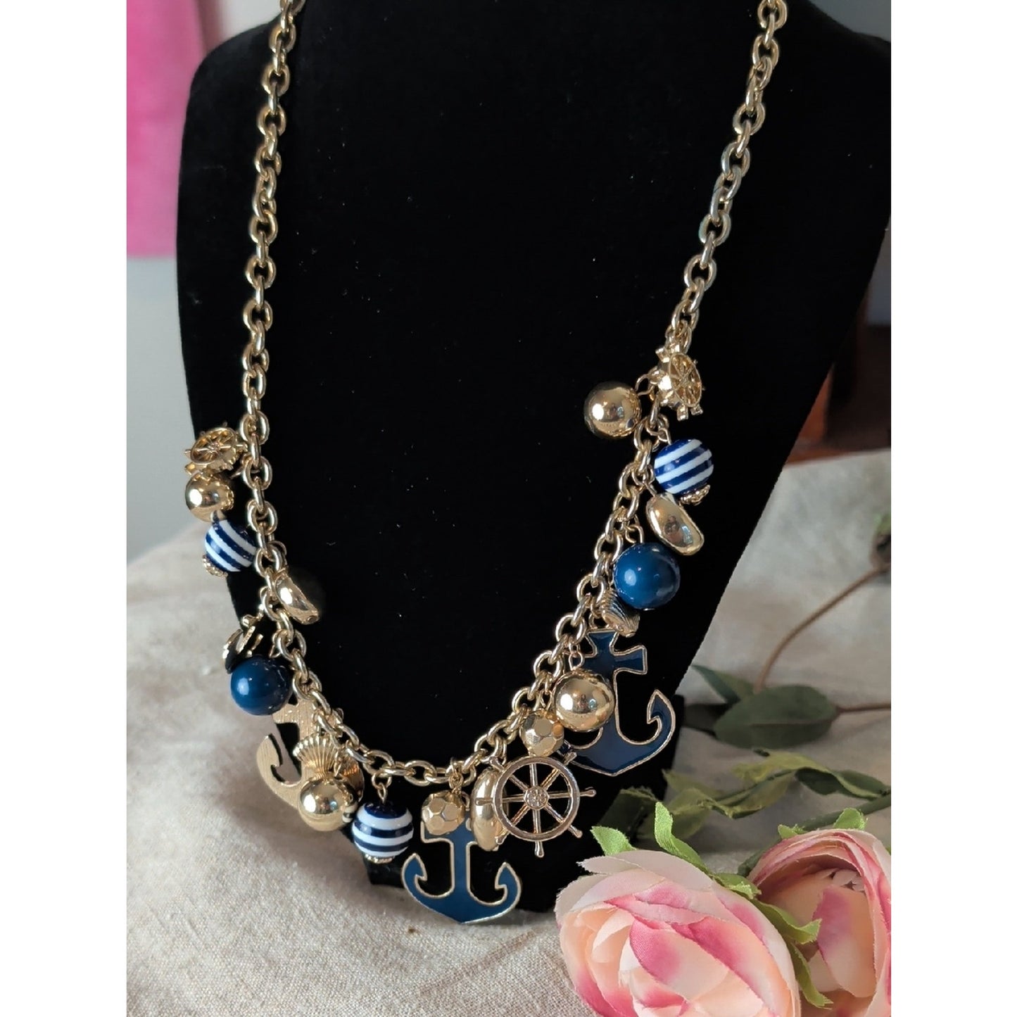 Vintage Y2K Nautical Charm Necklace Gold Tone Anchors Ship Wheel Coastal