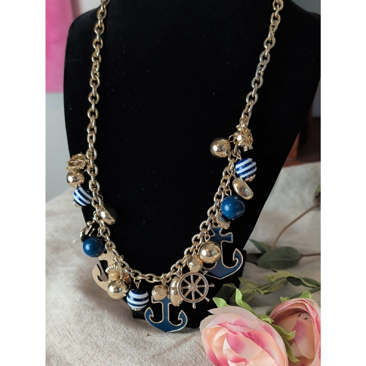Vintage Y2K Nautical Charm Necklace Gold Tone Anchors Ship Wheel Coastal
