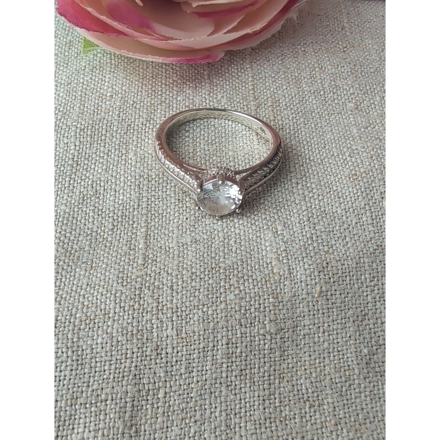 925 Sterling Silver Glass Solitaire Ring with CZ Accents Engagement Style