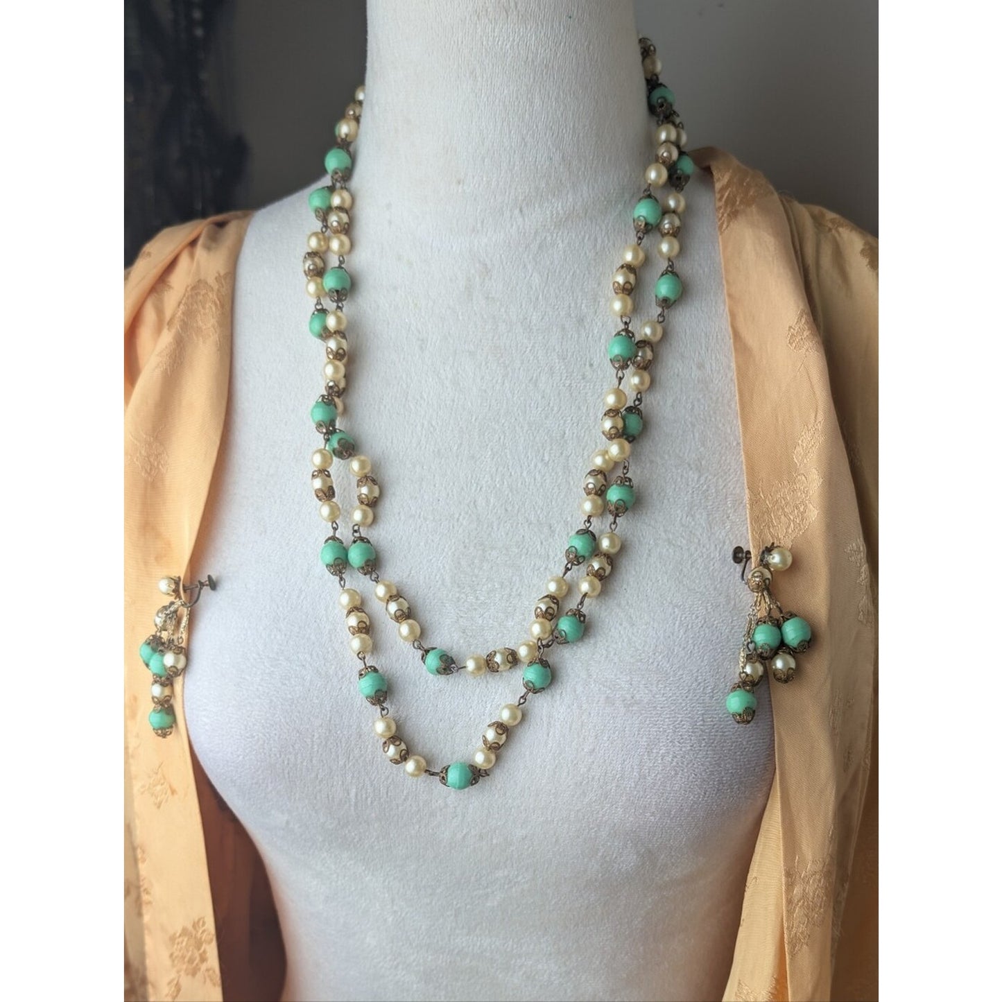 Vintage Seafoam Green Bead Glass Pearl Filigree Necklace & Screw Back Earrings