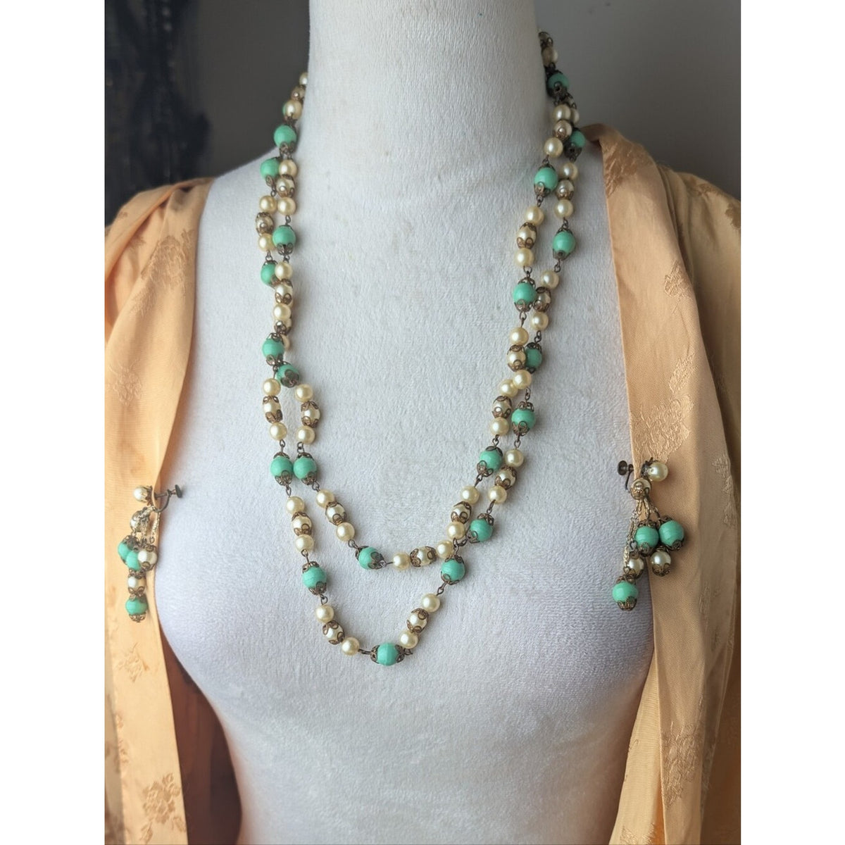 Vintage Seafoam Green Bead Glass Pearl Filigree Necklace & Screw Back Earrings