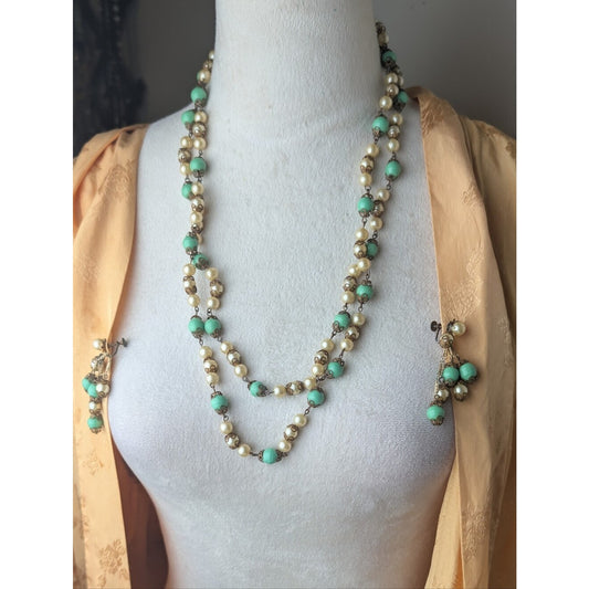 Vintage Seafoam Green Bead Glass Pearl Filigree Necklace & Screw Back Earrings
