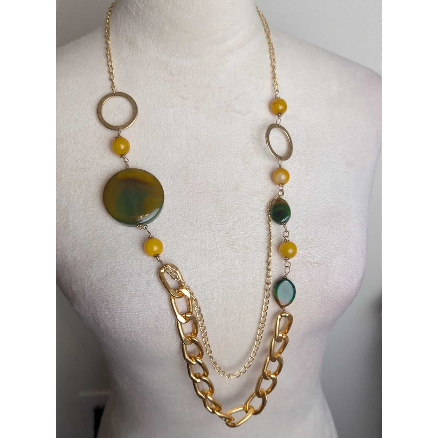 Gold Tone Statement Necklace with Genuine Green Agate & Glass Beads Asymmetric