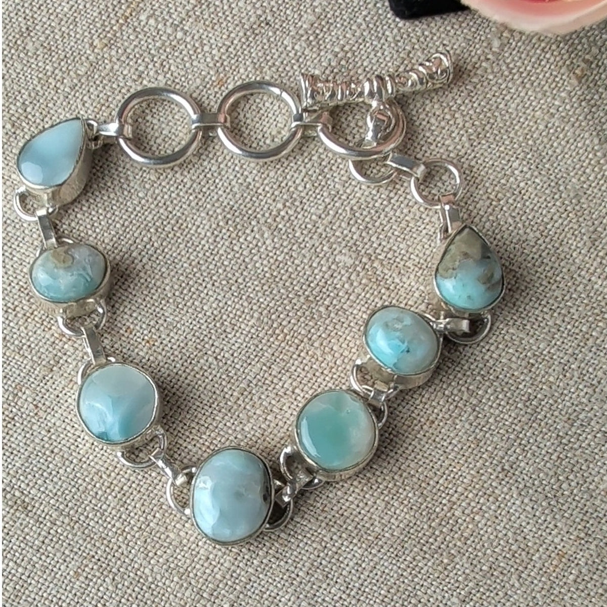 Vintage 925 Sterling Silver Blue Larimar Cabochon Bracelet Ornate Toggle