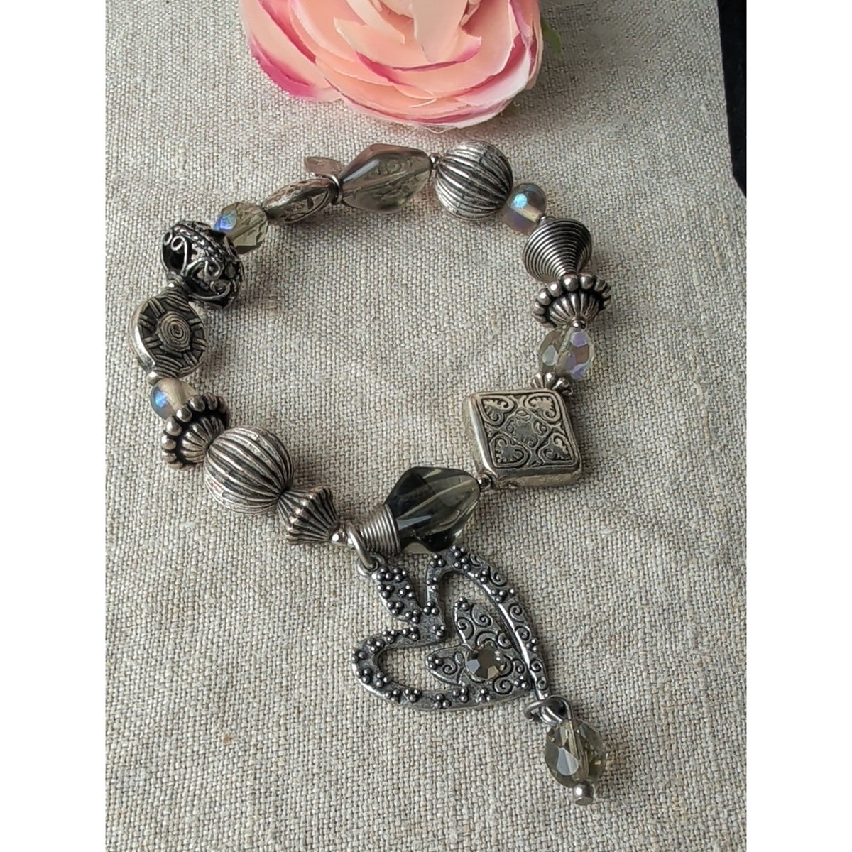 Vintage Treska Y2K Boho Heart Charm Bracelet  Silver Tone Artisan Statement