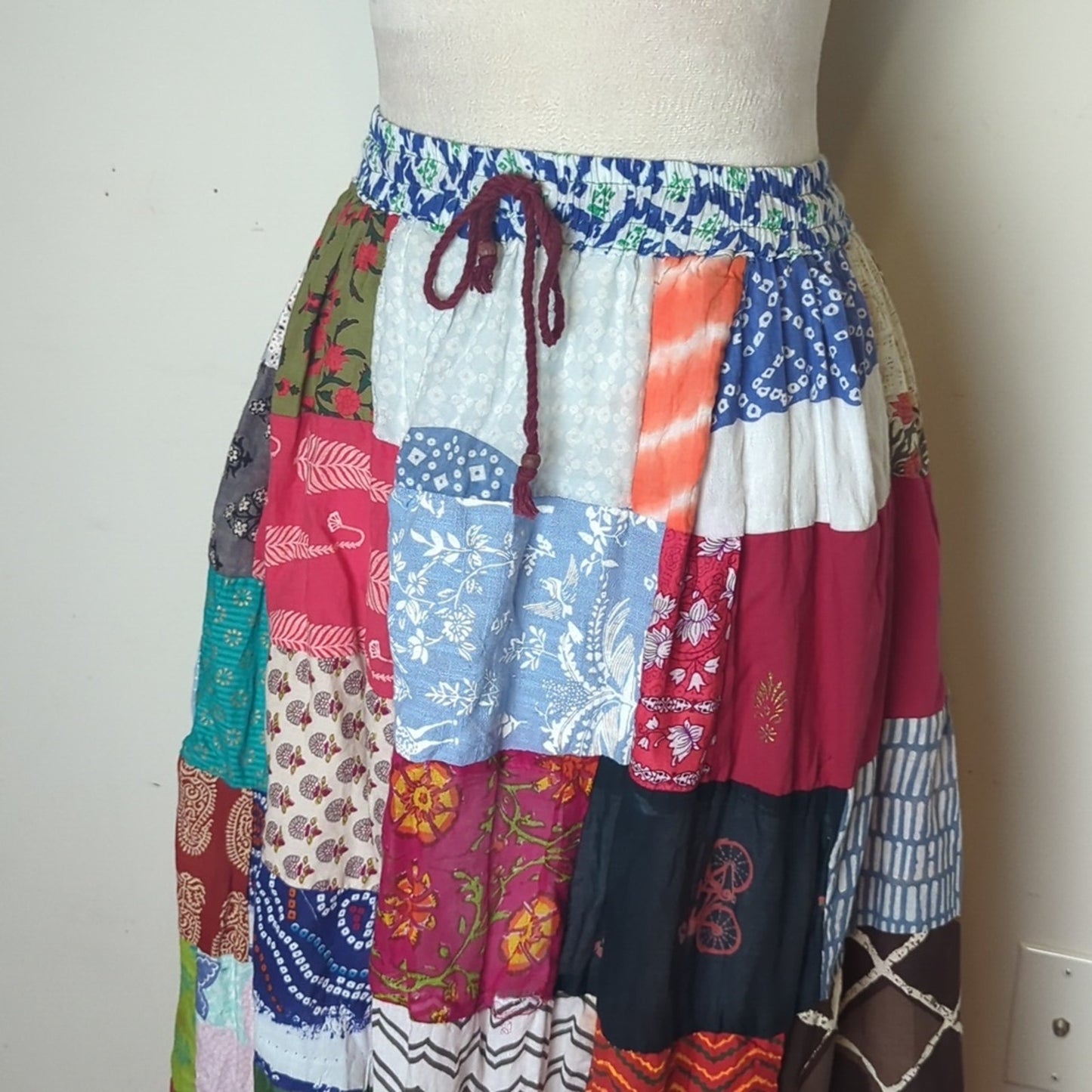 Vintage Patchwork Maxi Skirt or Strapless Boho Dress Cotton Festival Hippie