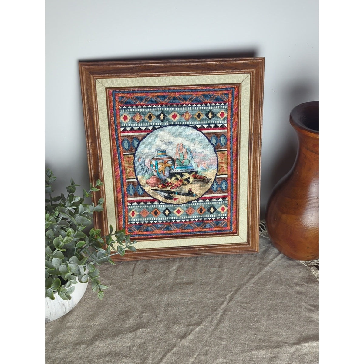 Vintage Southwestern Needlepoint Art Desert Still Life Pottery Scene 11x13