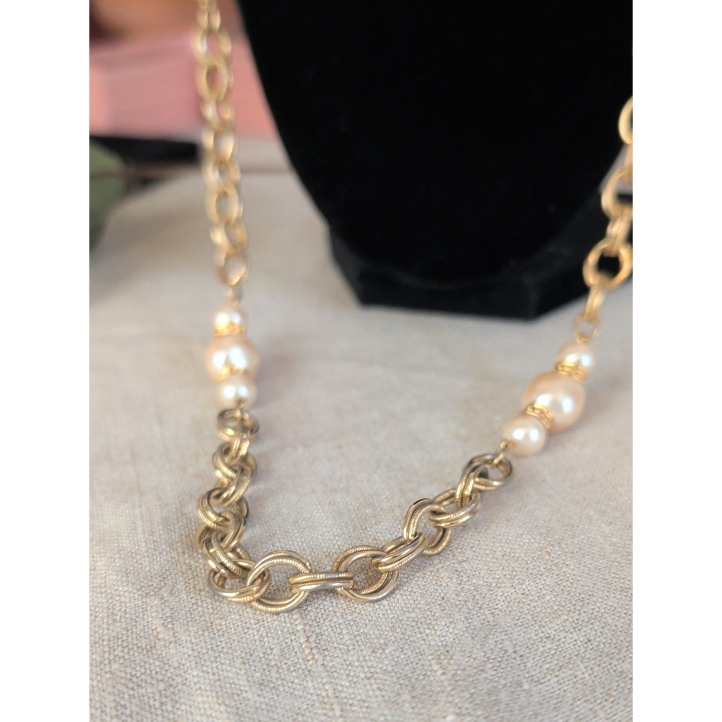 Mid Century Modern Gold Tone Faux Pearl Necklace Retro Glam