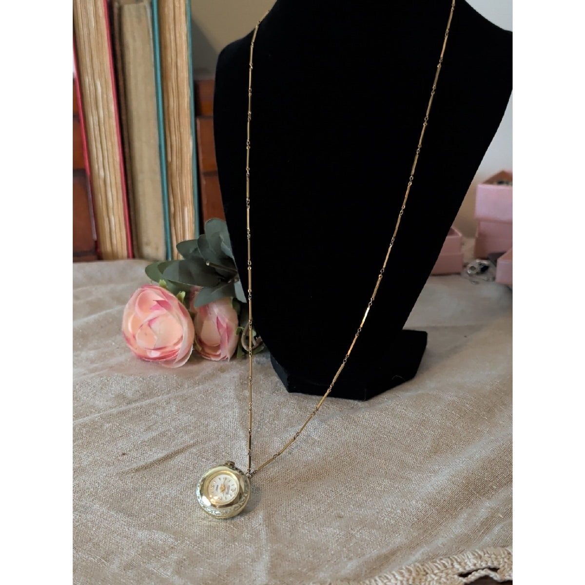 Vintage Sorna Swiss Made Pendant Watch Necklace Mid Century Gold Tone Retro