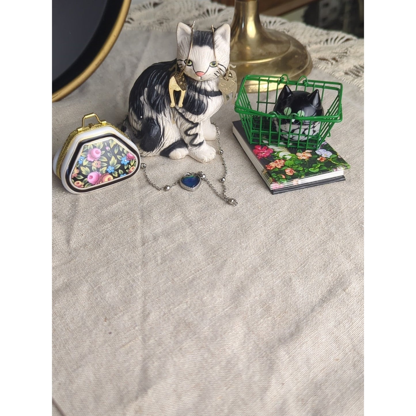 Whimsical Cat Lover Bundle Figurine Paperweight Notebook Earrings Mood Necklace