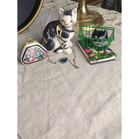 Whimsical Cat Lover Bundle Figurine Paperweight Notebook Earrings Mood Necklace