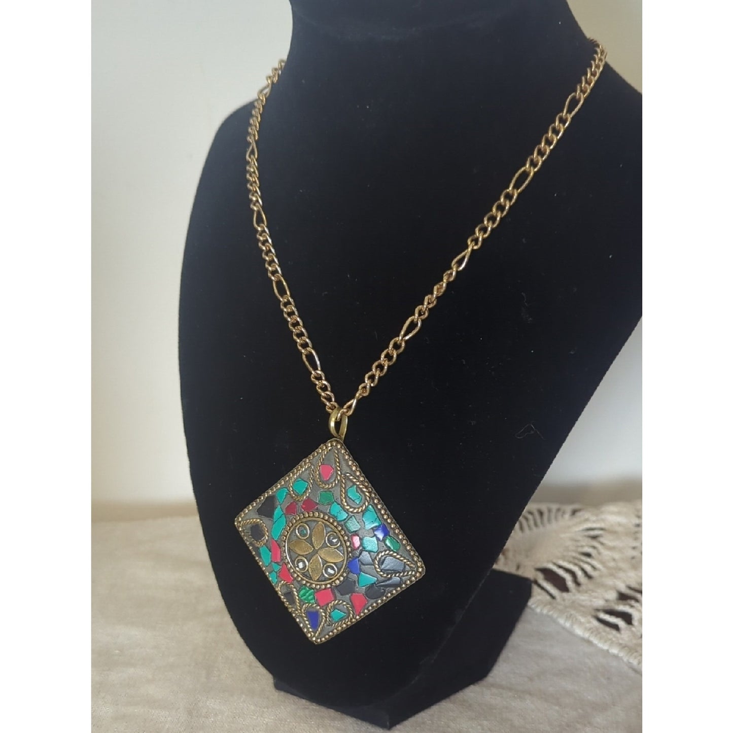 Large Tibetan Style Mosaic Pendant Necklace Y2K Boho Statement Art To Wear