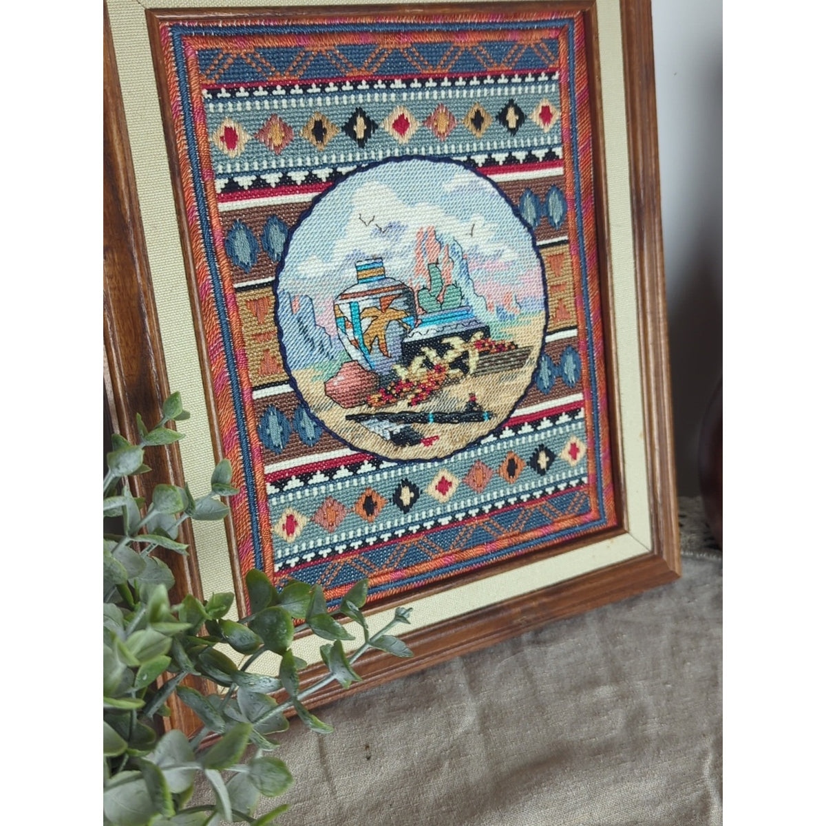 Vintage Southwestern Needlepoint Art Desert Still Life Pottery Scene 11x13