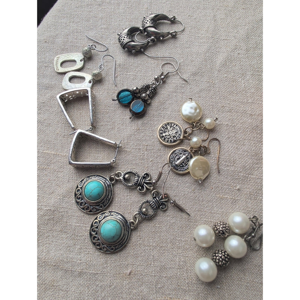 Seven Pair Earring Set Boho Tribal Silver Tone Faux Pearl /Turquoise