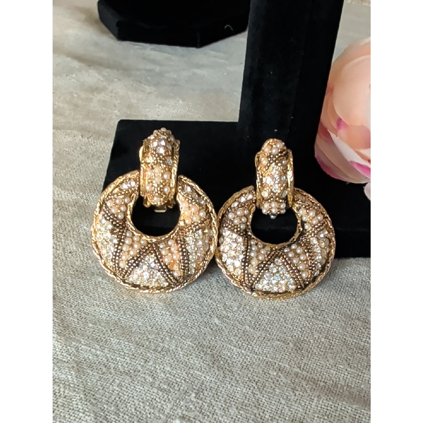 Vintage Bergere Faux Pearl Rhinestone Clip On Earrings Gold Tone Regency Glam