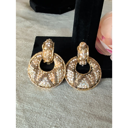 Vintage Bergere Faux Pearl Rhinestone Clip On Earrings Gold Tone Regency Glam