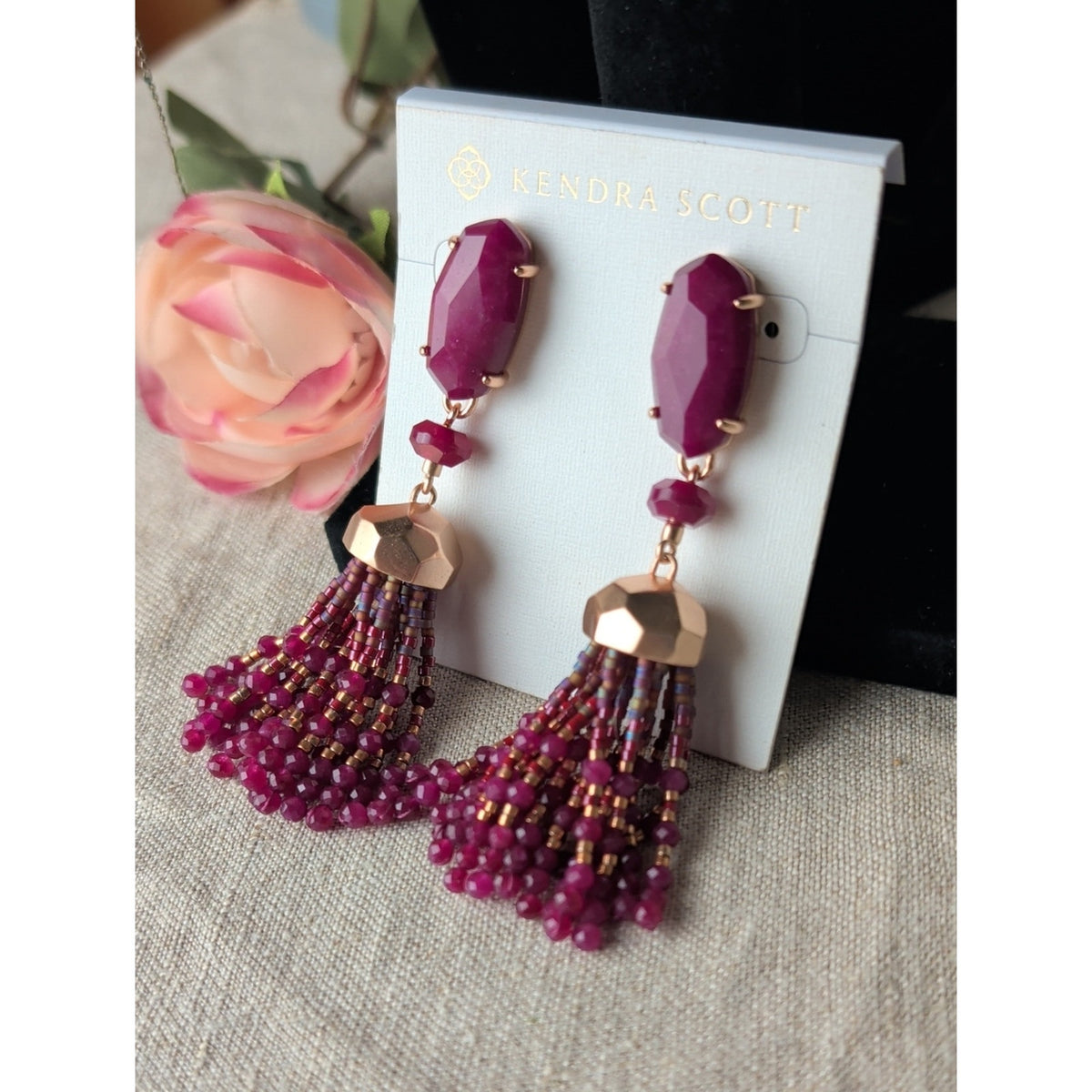 Kendra Scott Magenta Stone Tassel Earrings NWT Rose Gold Boho Luxe Statement