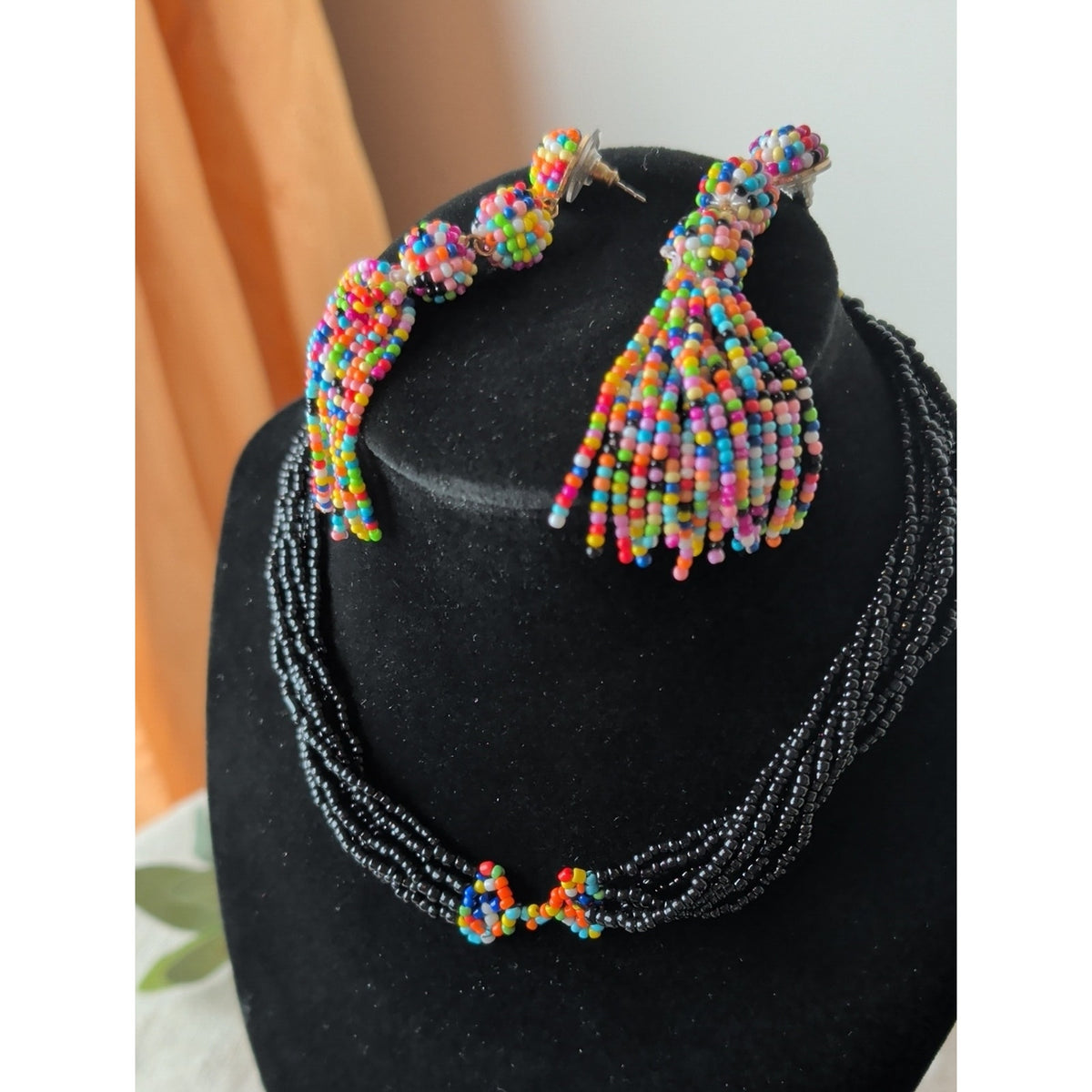 Colorful Seed Bead Statement Earrings Rainbow Tassel Boho Festival Artisan Style
