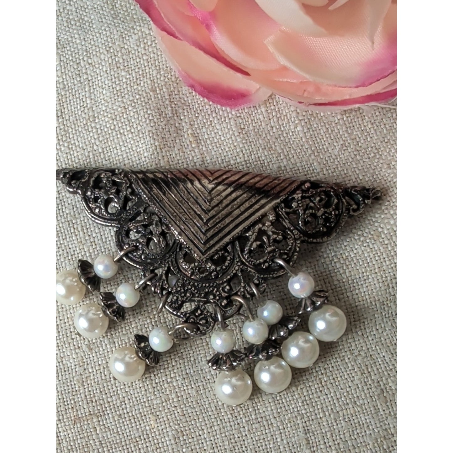 Vintage 90's Filigree Faux Pearl Dangle Brooch Antiqued Tone Victorian Revival