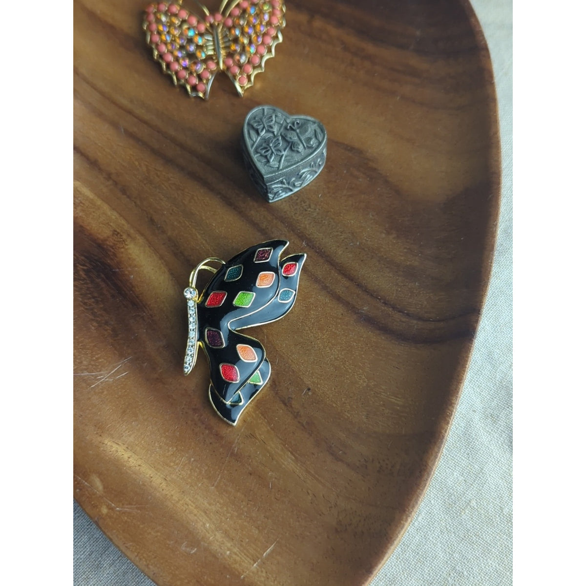 Vintage Butterfly Brooch Set 90s Enamel Rhinestone Butterflies Heart Trinket Box