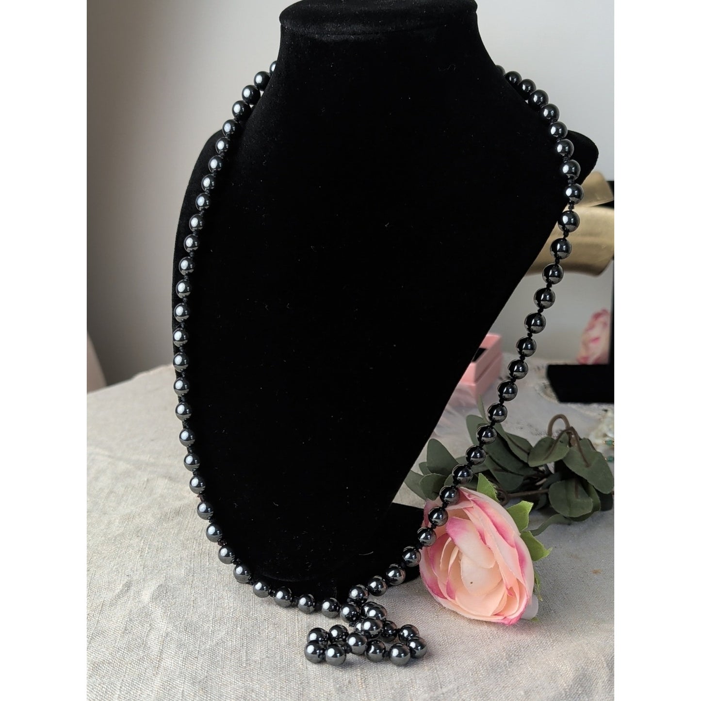Vintage Natural Hematite Beaded Necklace Individually Hand-Knotted Gunmetal