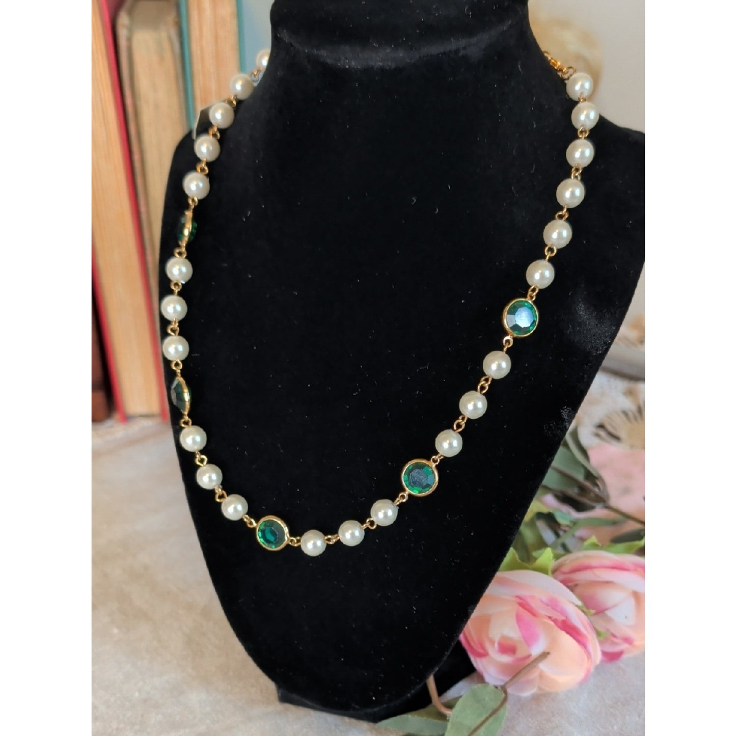 1928 14K Gold Dipped Faux Pearls Emerald Green Cabochon Necklace