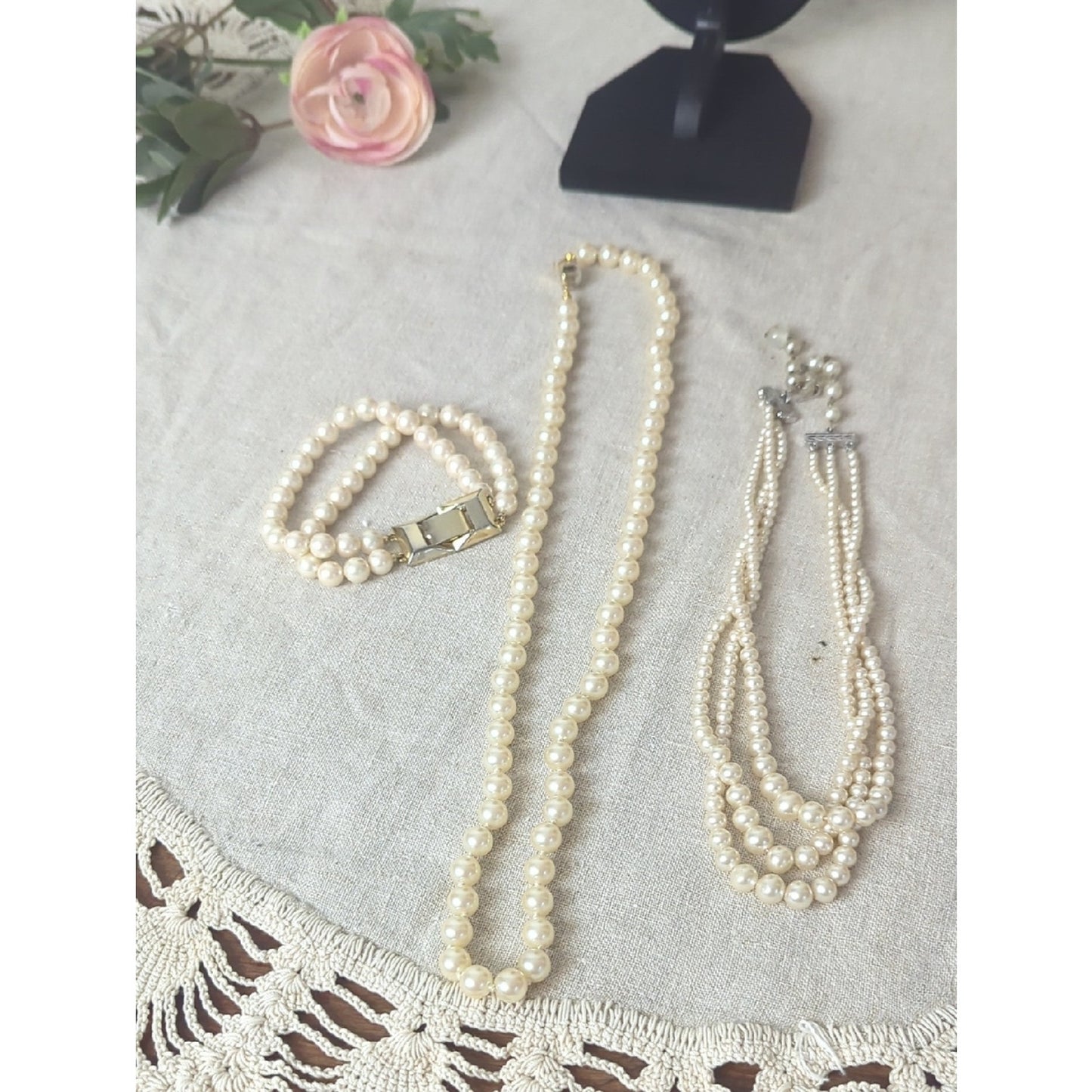 Curated Faux Pearl Set | Layered Vintage-Inspired Necklaces + Double Strand Brac