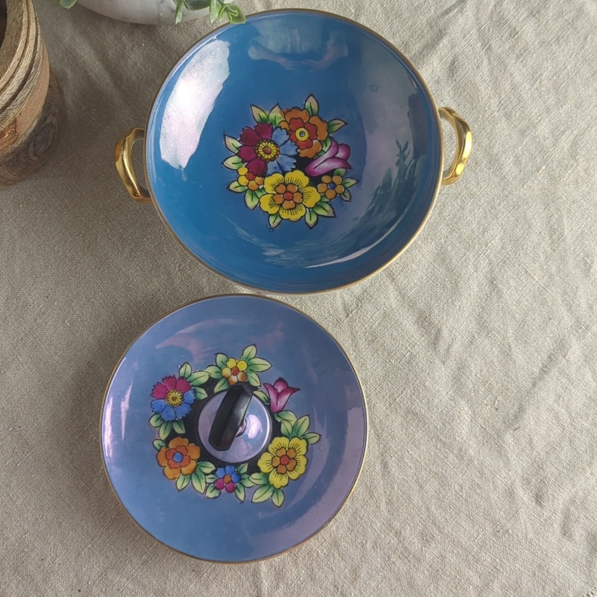 Vintage Noritake Hand Painted Dish Set Blue Floral Bowl & Handled Mini Platter