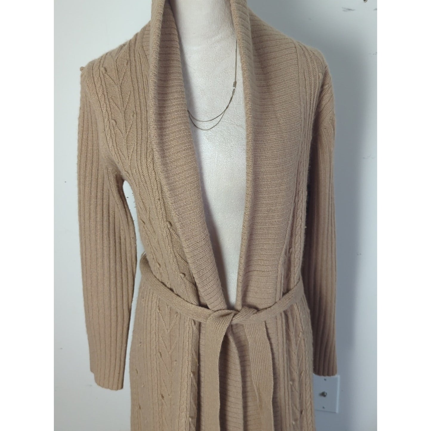 Lambswool Angora Midi Cardigan Y2K Neutral Cable Knit Belted Soft Luxe Layer L