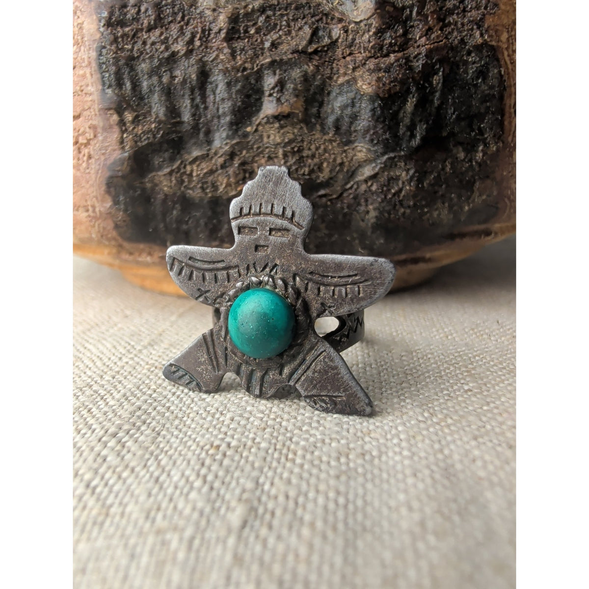 Vintage Fred Harvey Era Maisel's Indian Trading Post GREEN Turquoise Kachina Ring 4g