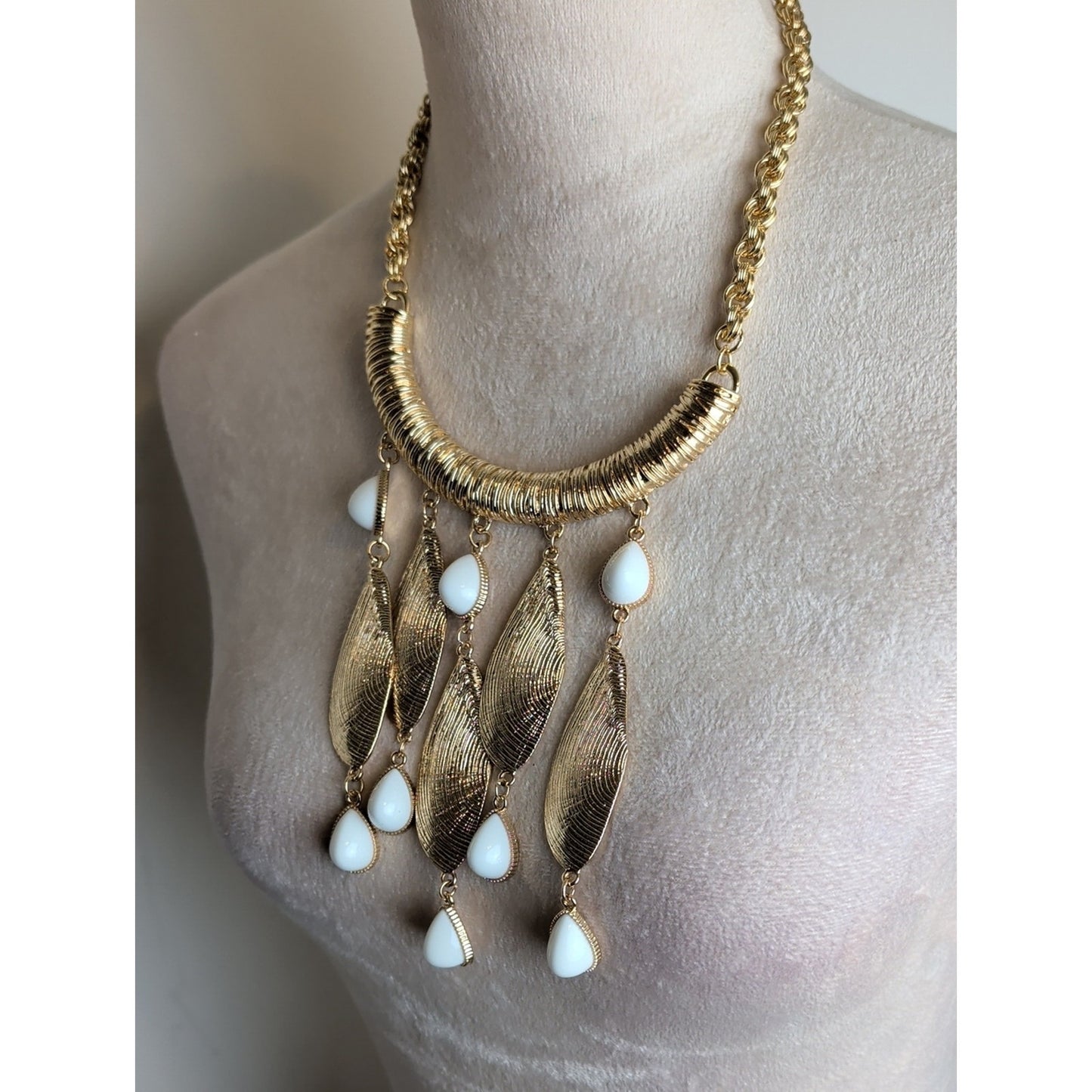Lilly Pulitzer Gold Tone Statement Necklace Shell Fringe & White Glass Cabochons