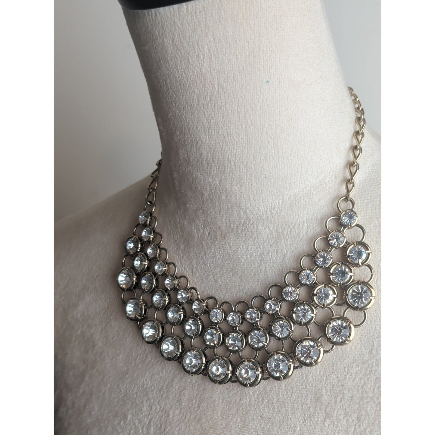 Vintage Crystal Multi-Row Statement Necklace - Gold Tone Glam